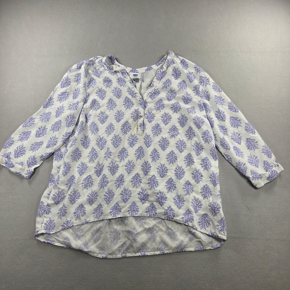 Old Navy Women Large Purple White Floral Block Print Viscose High Low Blouse